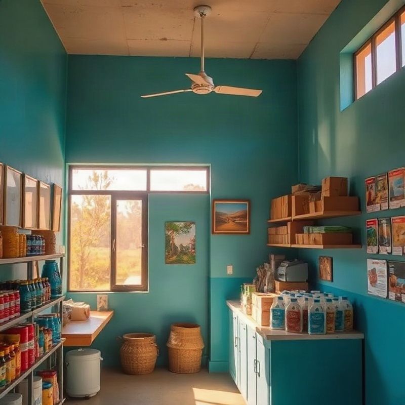 Clean local business interior in Thika with products neatly arranged and warm equatorial light