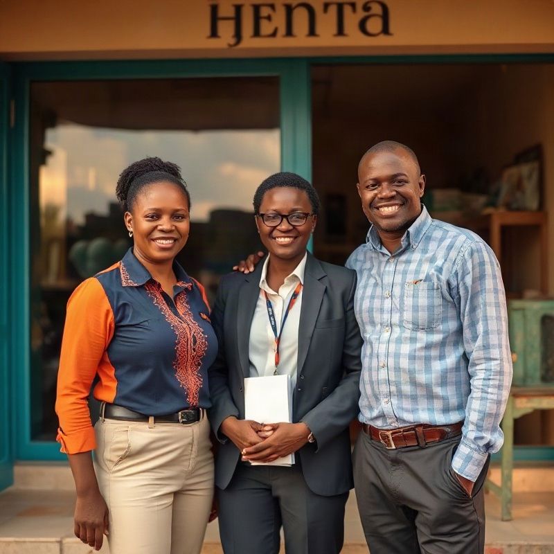 A small team of three Kenyan professionals standing outside their Thika shopfront in golden light