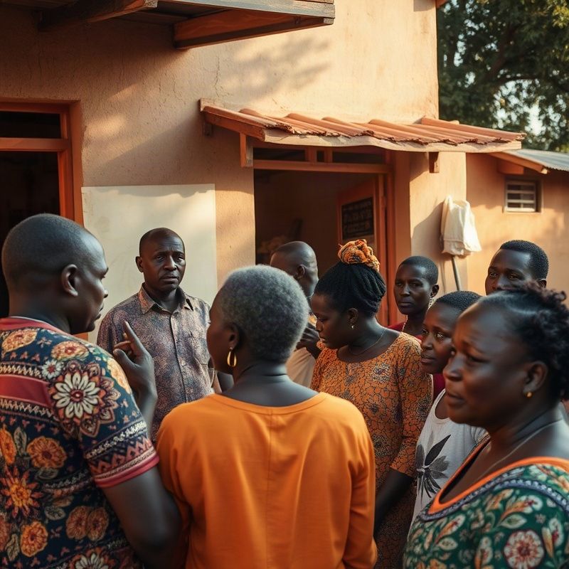 Thika residents gathered outside a neighbourhood business in warm golden light