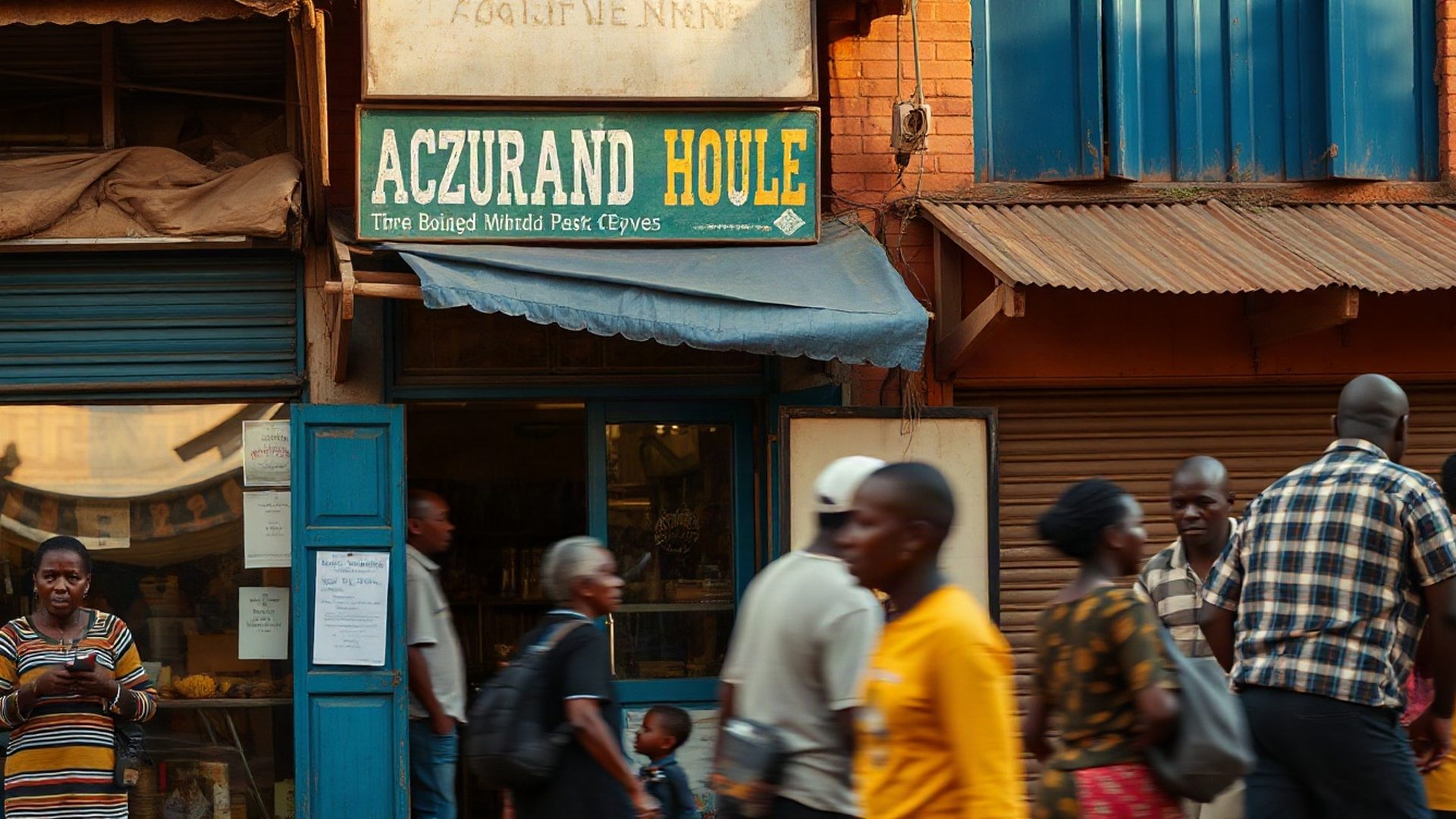 A busy Thika neighbourhood business frontage in golden equatorial light