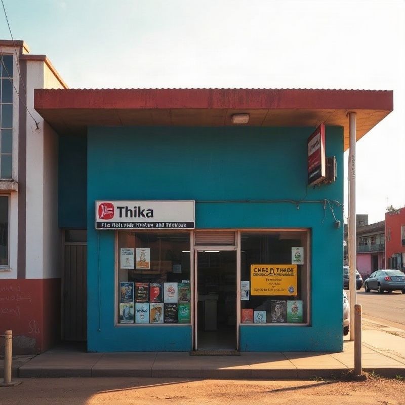 Modest Thika shopfront on Kenyatta Highway under midday equatorial sun